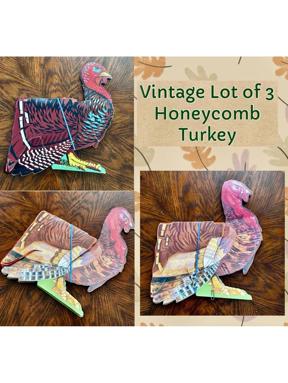 Vintage Lot 3 Beistle Honeycomb Paper Turkey Vintage 1969 Thanksgiving Décor